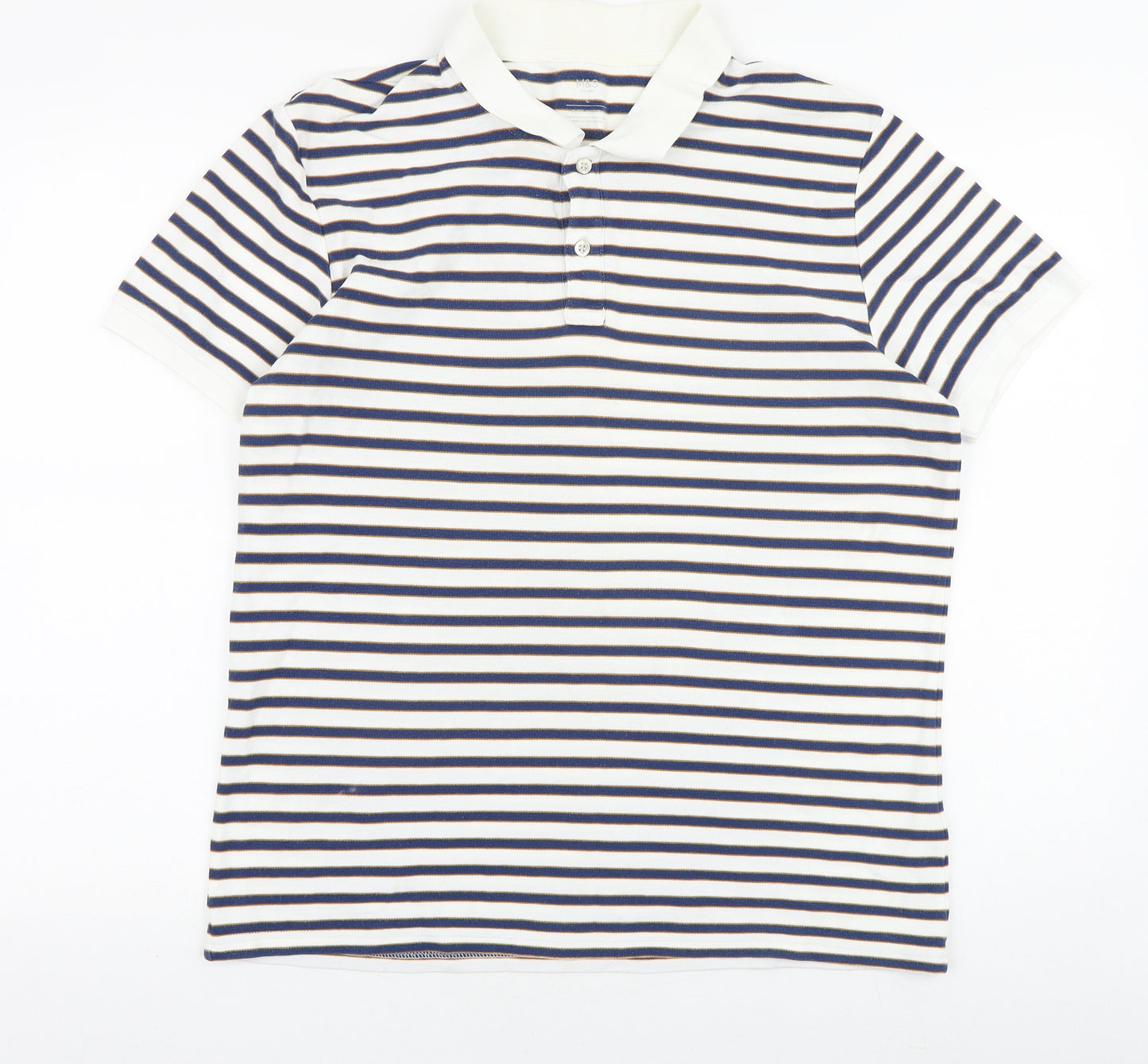Marks and Spencer Mens White Striped Cotton Polo Size L Collared Button