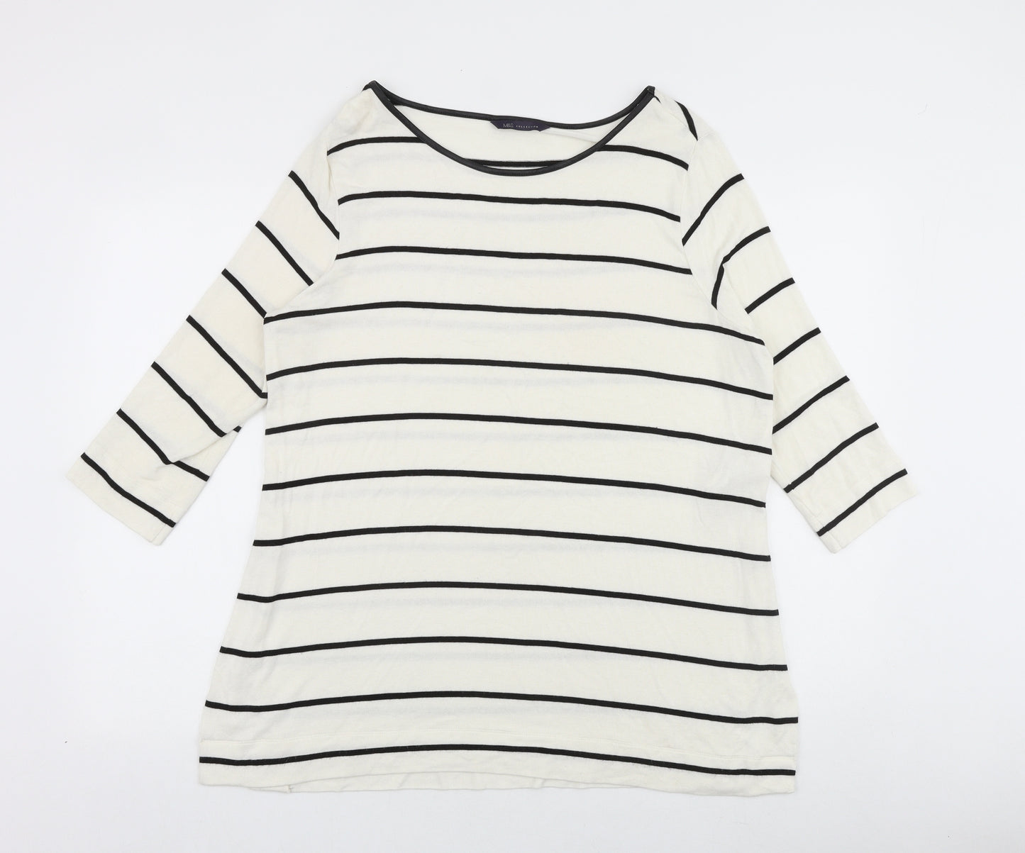 Marks and Spencer Womens White Striped Viscose Basic Blouse Size 14 Round Neck