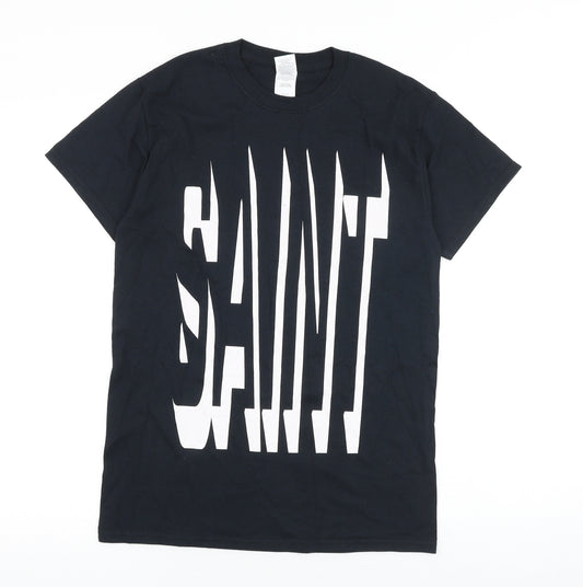 Front view of Gildan men’s black cotton t-shirt, size S, round neck - saint