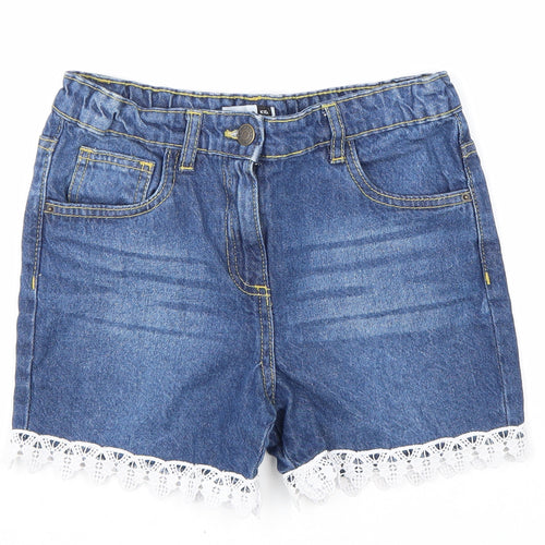 Pep&Co Girls Blue 100% Cotton Hot Pants Shorts Size 10-11 Years Regular Zip - Lace Trim