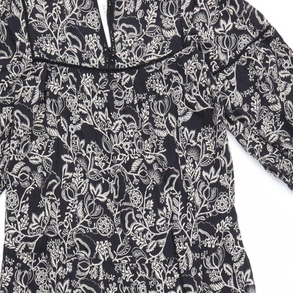 Accessorize Womens Black Floral Cotton Trapeze & Swing Size 12 V-Neck Pullover