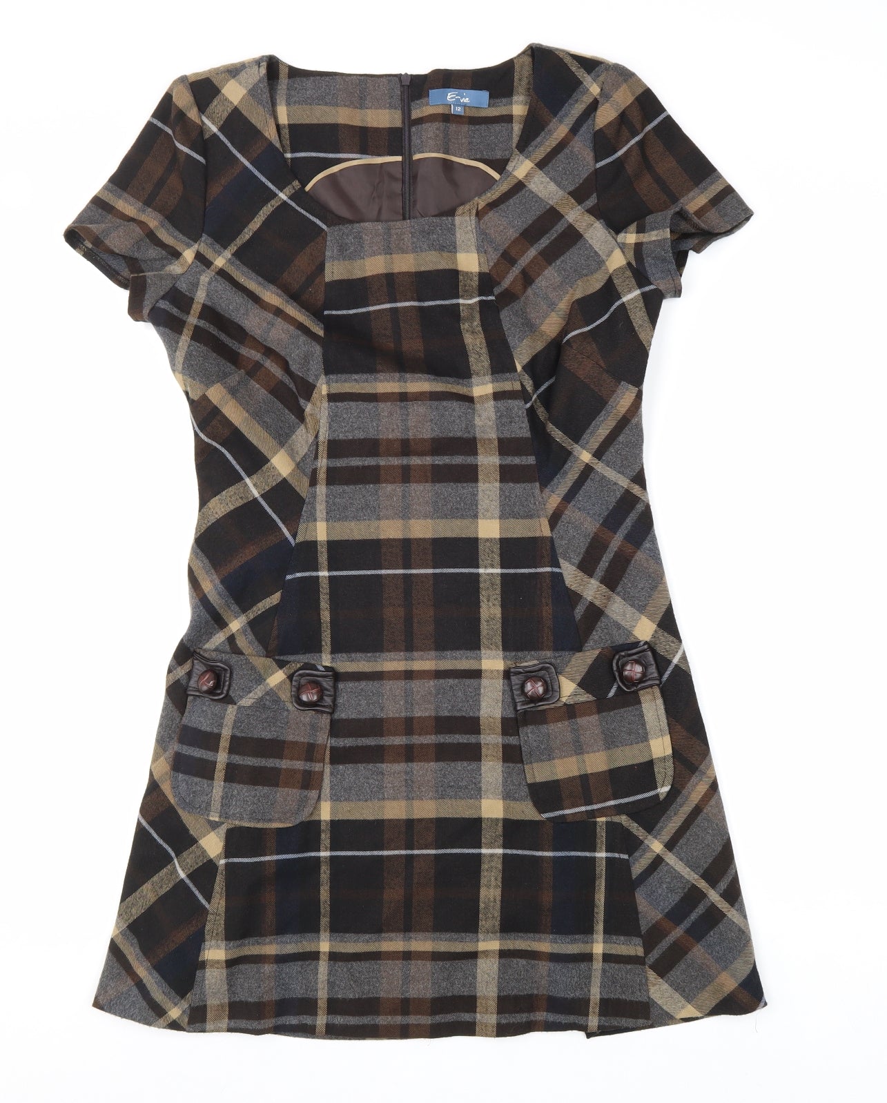 E-vie Womens Brown Plaid Polyester A-Line Size 12 Round Neck Zip