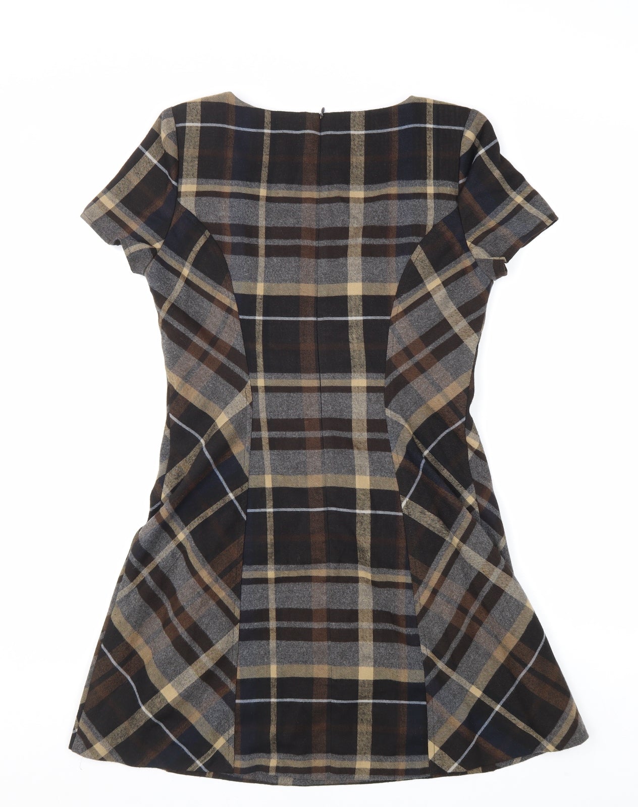 E-vie Womens Brown Plaid Polyester A-Line Size 12 Round Neck Zip