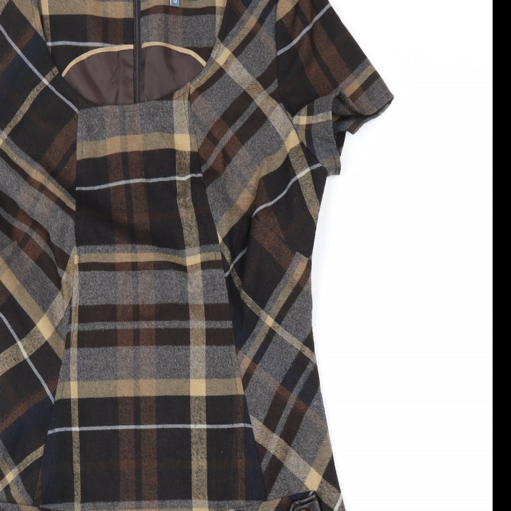 E-vie Womens Brown Plaid Polyester A-Line Size 12 Round Neck Zip