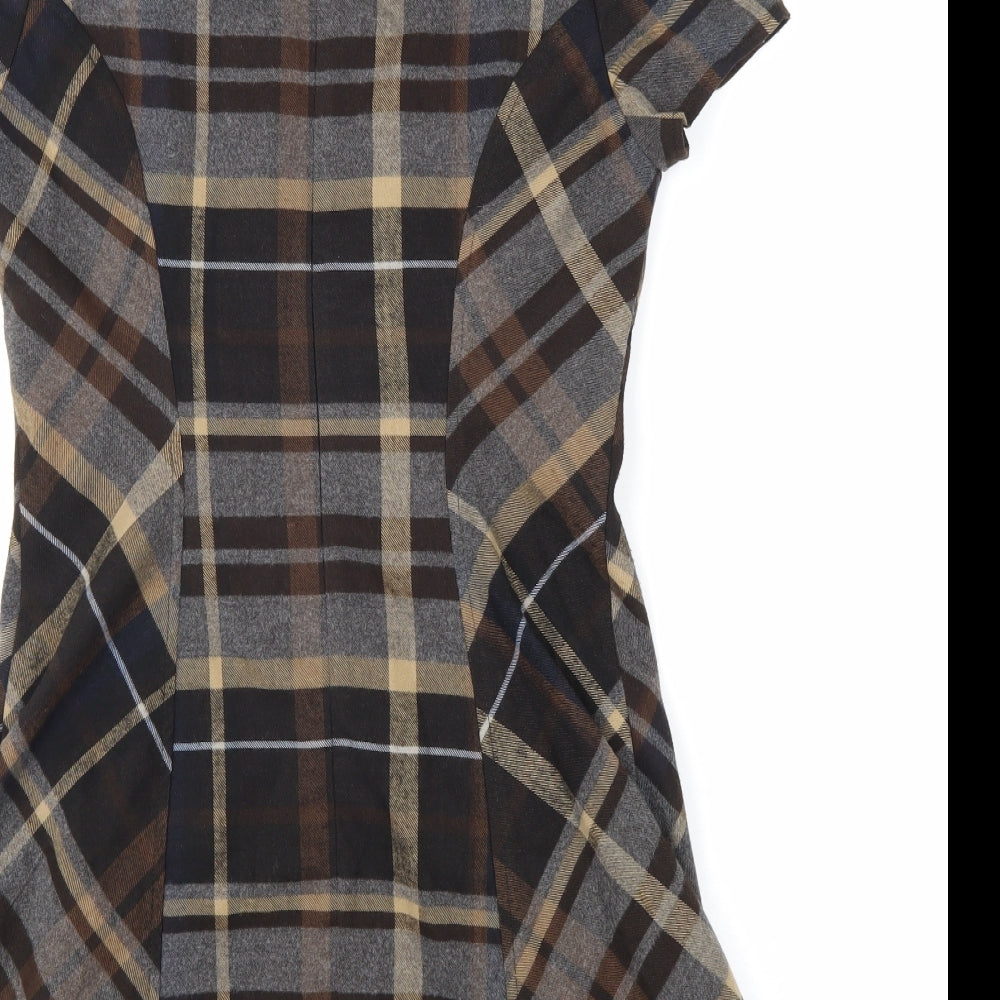 E-vie Womens Brown Plaid Polyester A-Line Size 12 Round Neck Zip