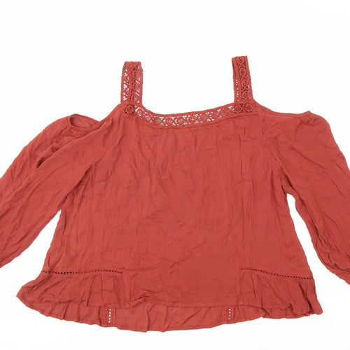M&Co Womens Red Viscose Basic Blouse Size 18 Square Neck - Cold Shoulder, Crochet Details