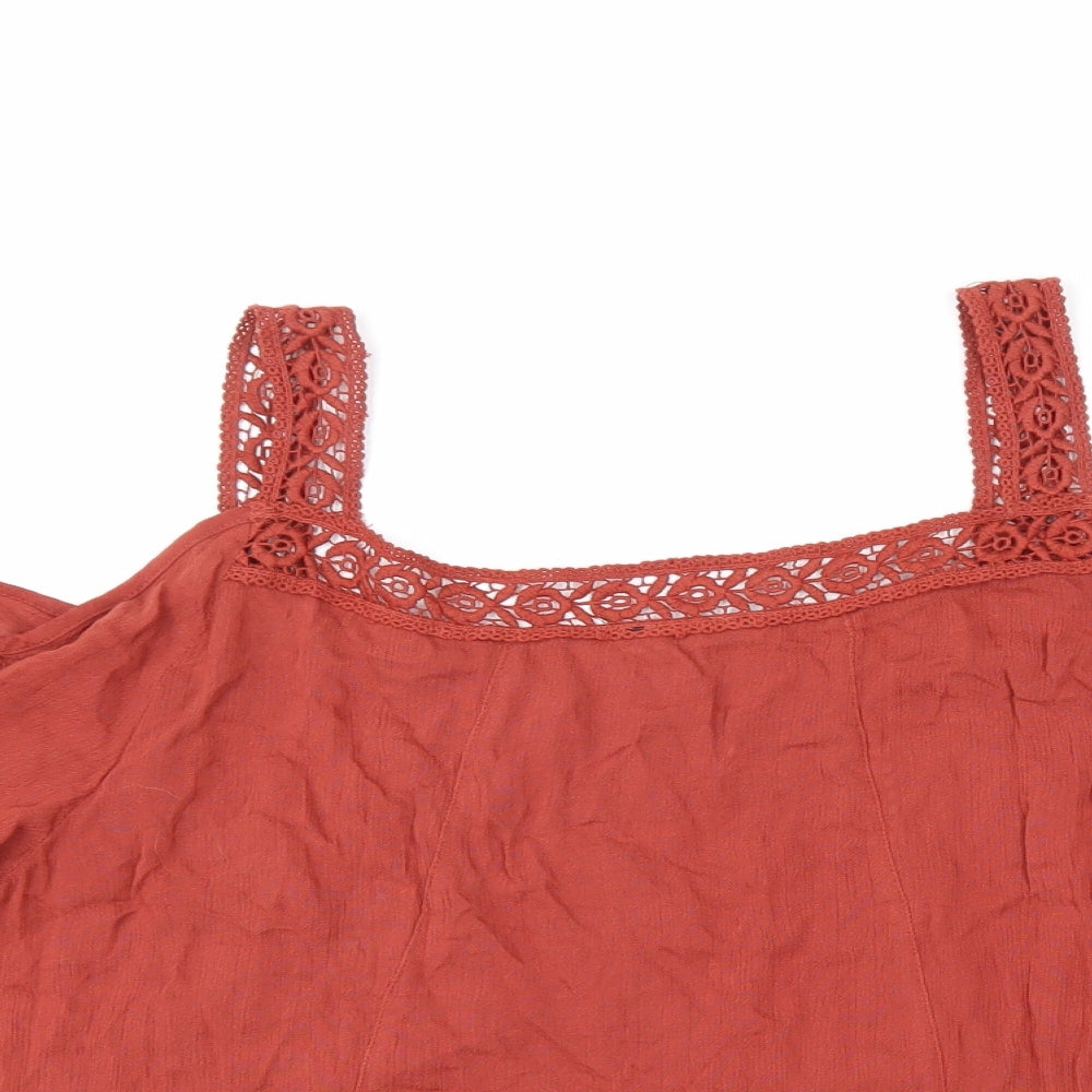 M&Co Womens Red Viscose Basic Blouse Size 18 Square Neck - Cold Shoulder, Crochet Details