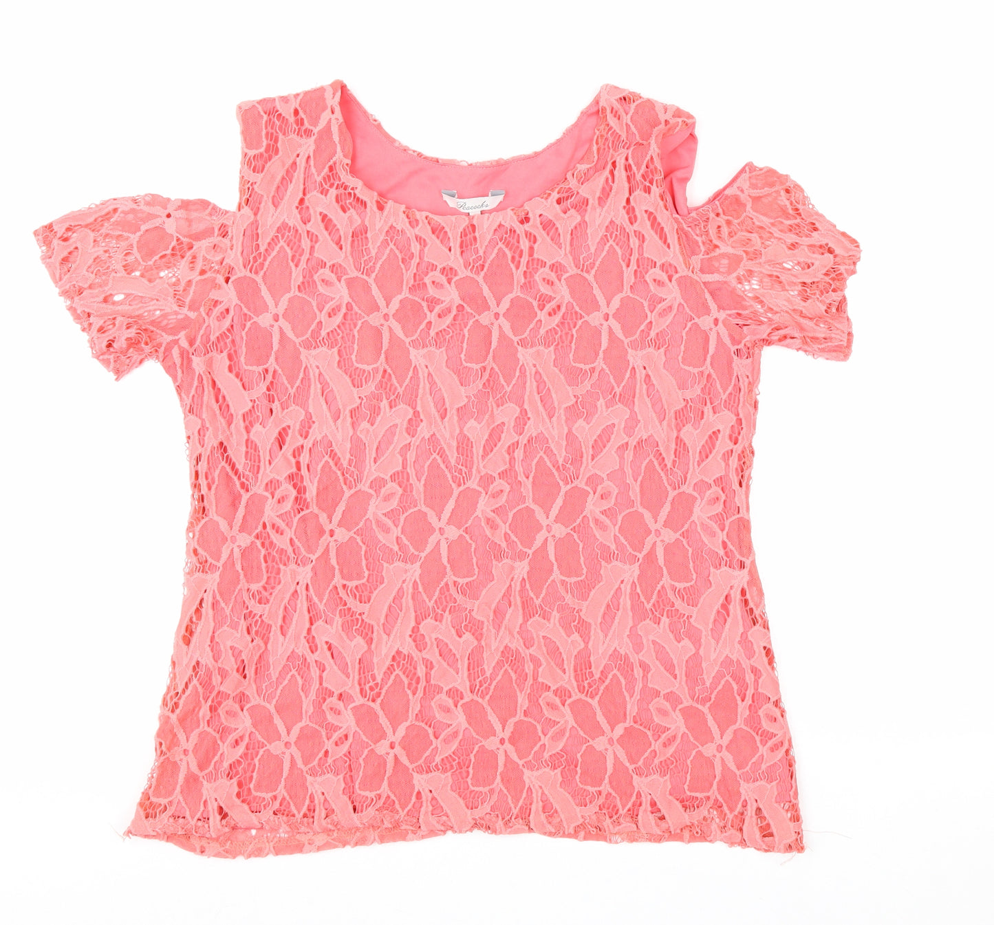 Peacocks Womens Pink Geometric Nylon Basic Blouse Size 14 Round Neck - Cold Shoulder