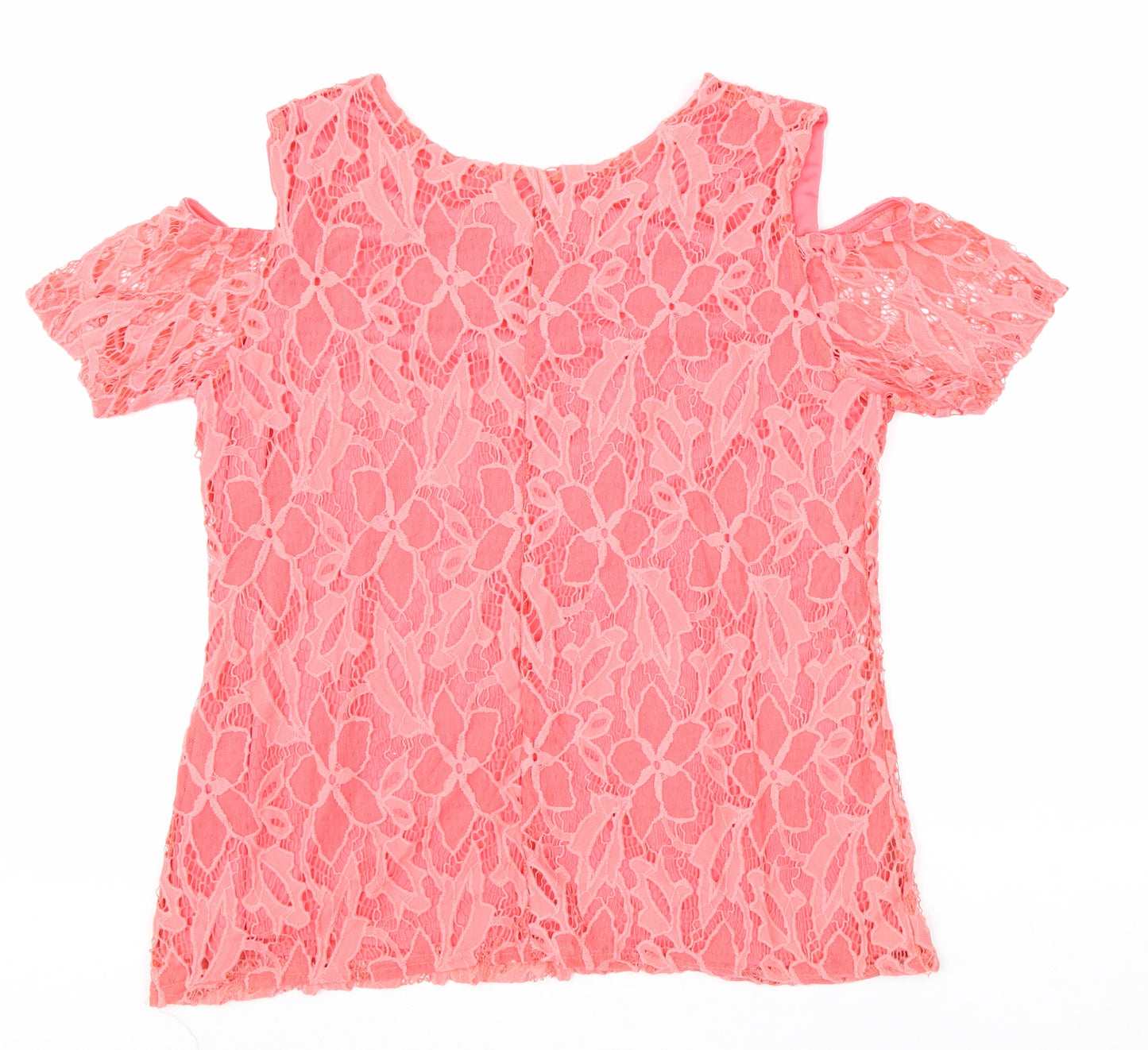 Peacocks Womens Pink Geometric Nylon Basic Blouse Size 14 Round Neck - Cold Shoulder