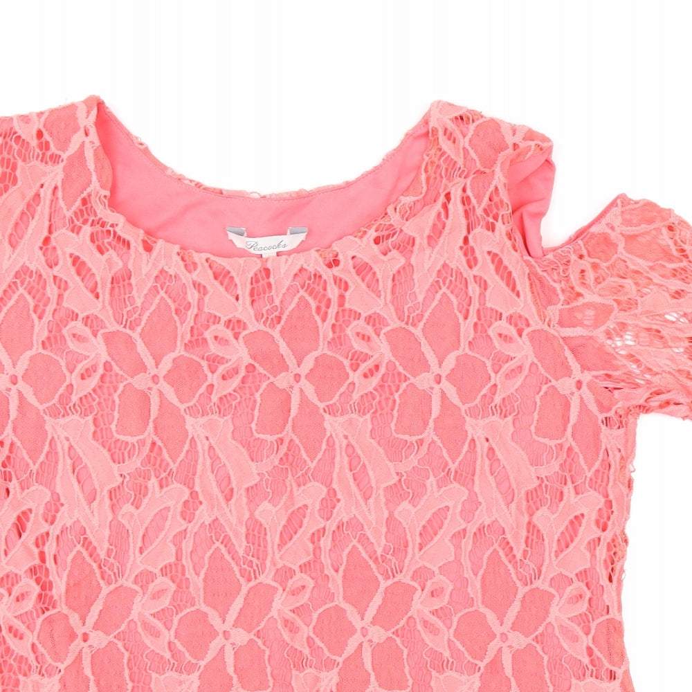 Peacocks Womens Pink Geometric Nylon Basic Blouse Size 14 Round Neck - Cold Shoulder