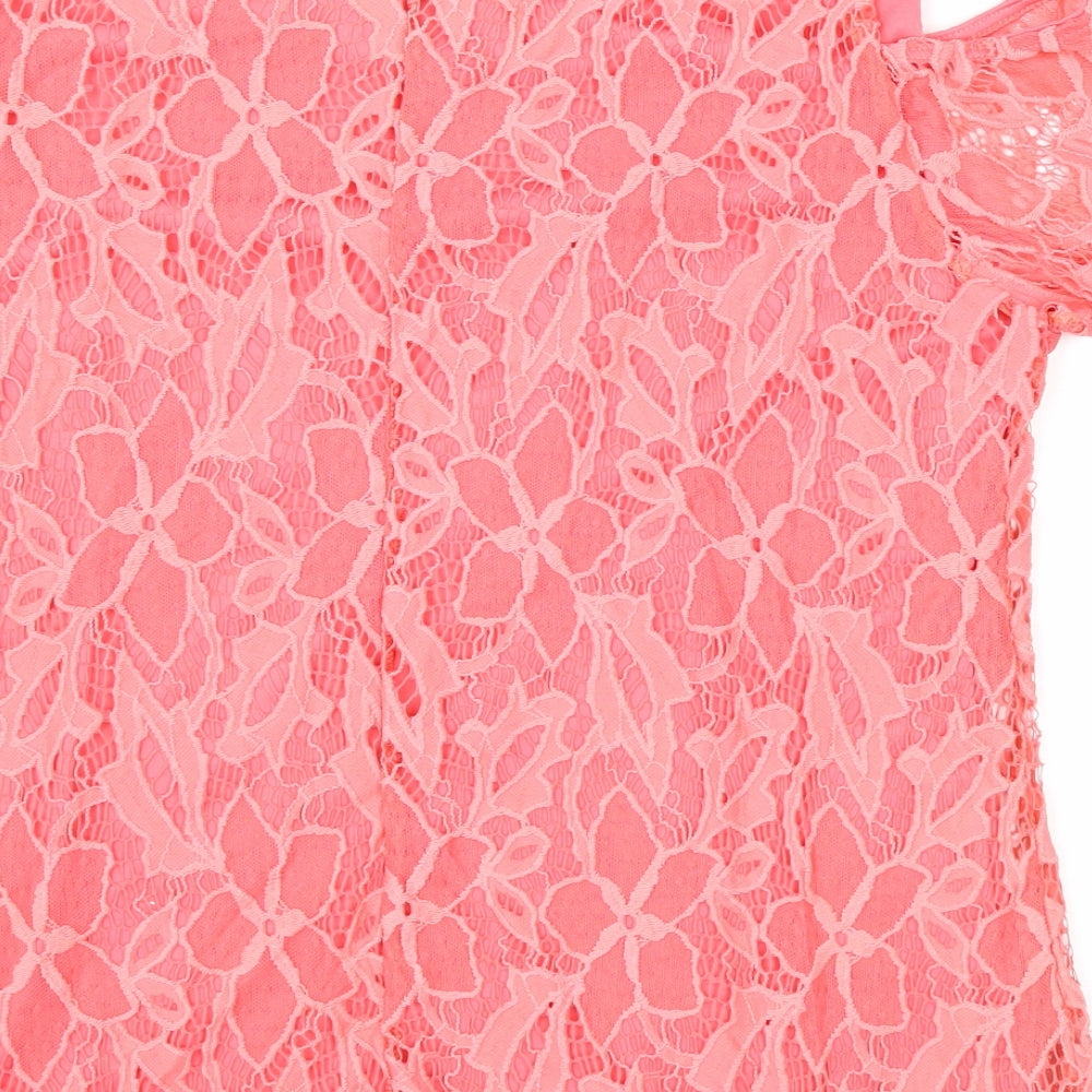 Peacocks Womens Pink Geometric Nylon Basic Blouse Size 14 Round Neck - Cold Shoulder