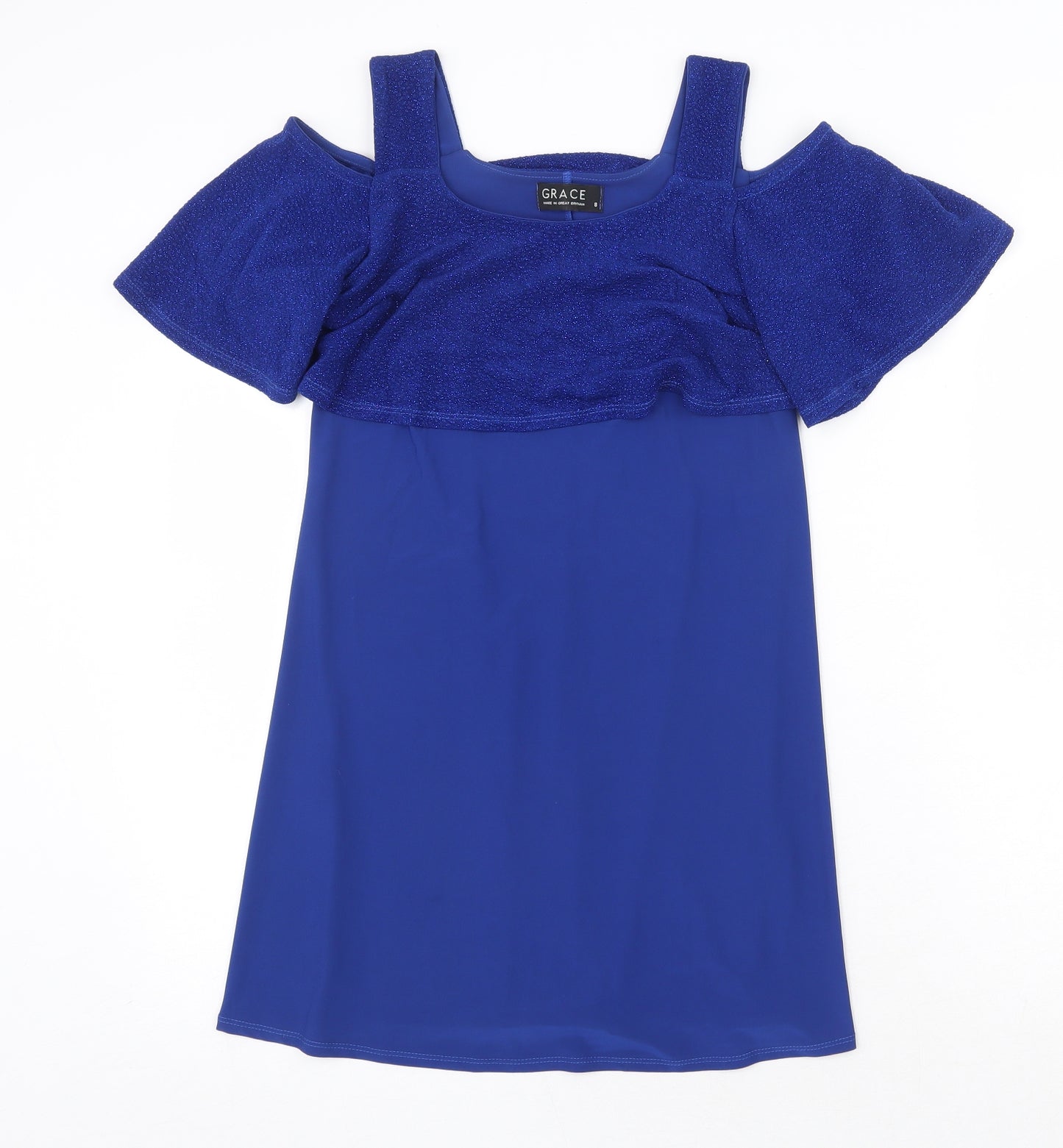 Grace Womens Blue Polyester A-Line Size 8 Round Neck Pullover - Cold Shoulder