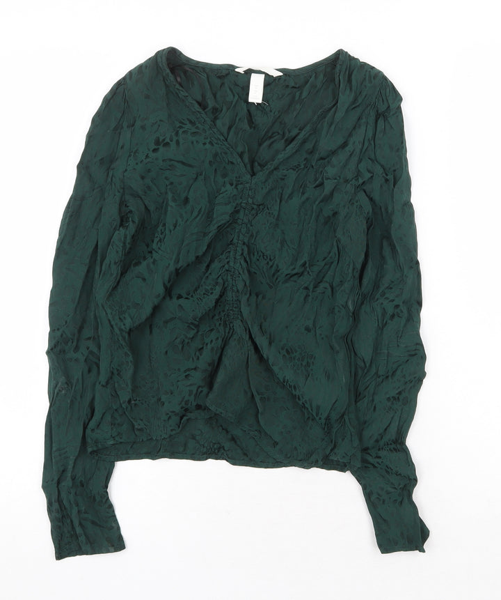 H&M Womens Green Geometric Viscose Basic Blouse Size 6 V-Neck