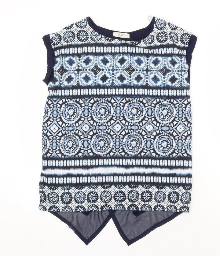 Oasis Womens Blue Geometric Polyester Basic Blouse Size S Round Neck