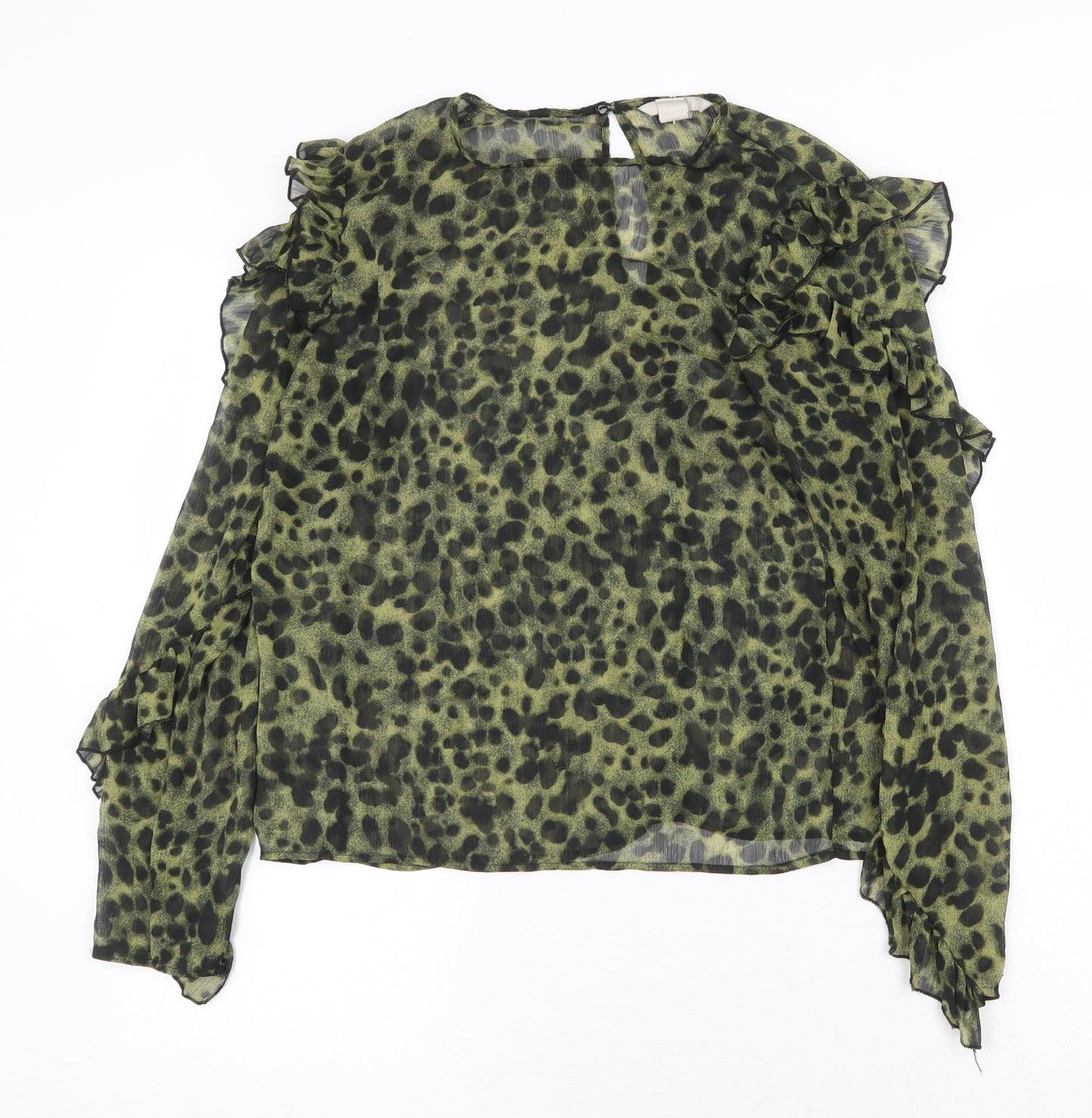 H&M Womens Green Animal Print Polyester Basic Blouse Size 6 Round Neck - Hyena Print