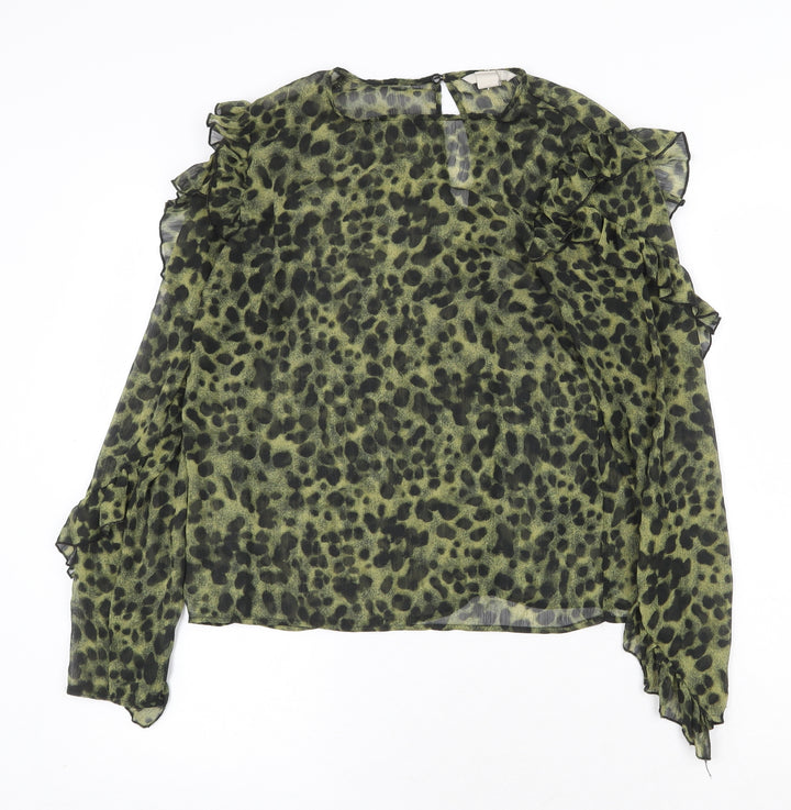 H&M Womens Green Animal Print Polyester Basic Blouse Size 6 Round Neck - Hyena Print