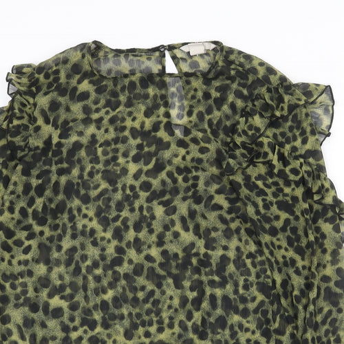 H&M Womens Green Animal Print Polyester Basic Blouse Size 6 Round Neck - Hyena Print