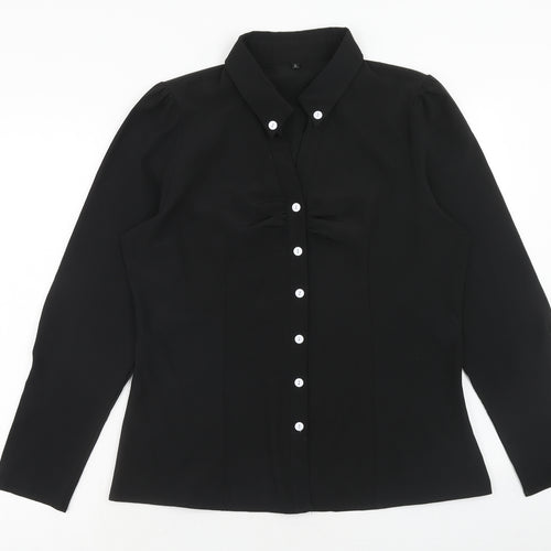 Preworn Womens Black Polyester Basic Button-Up Size L Collared