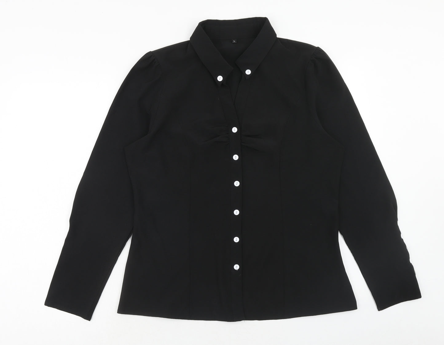 Preworn Womens Black Polyester Basic Button-Up Size L Collared