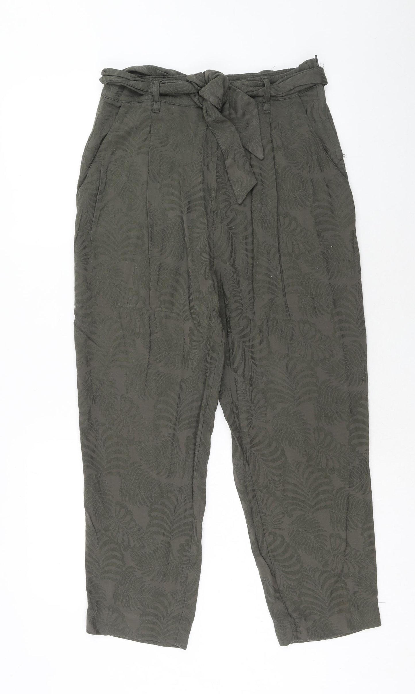 H&M Womens Green Geometric Viscose Trousers Size 12 Regular Zip - Leaf Print