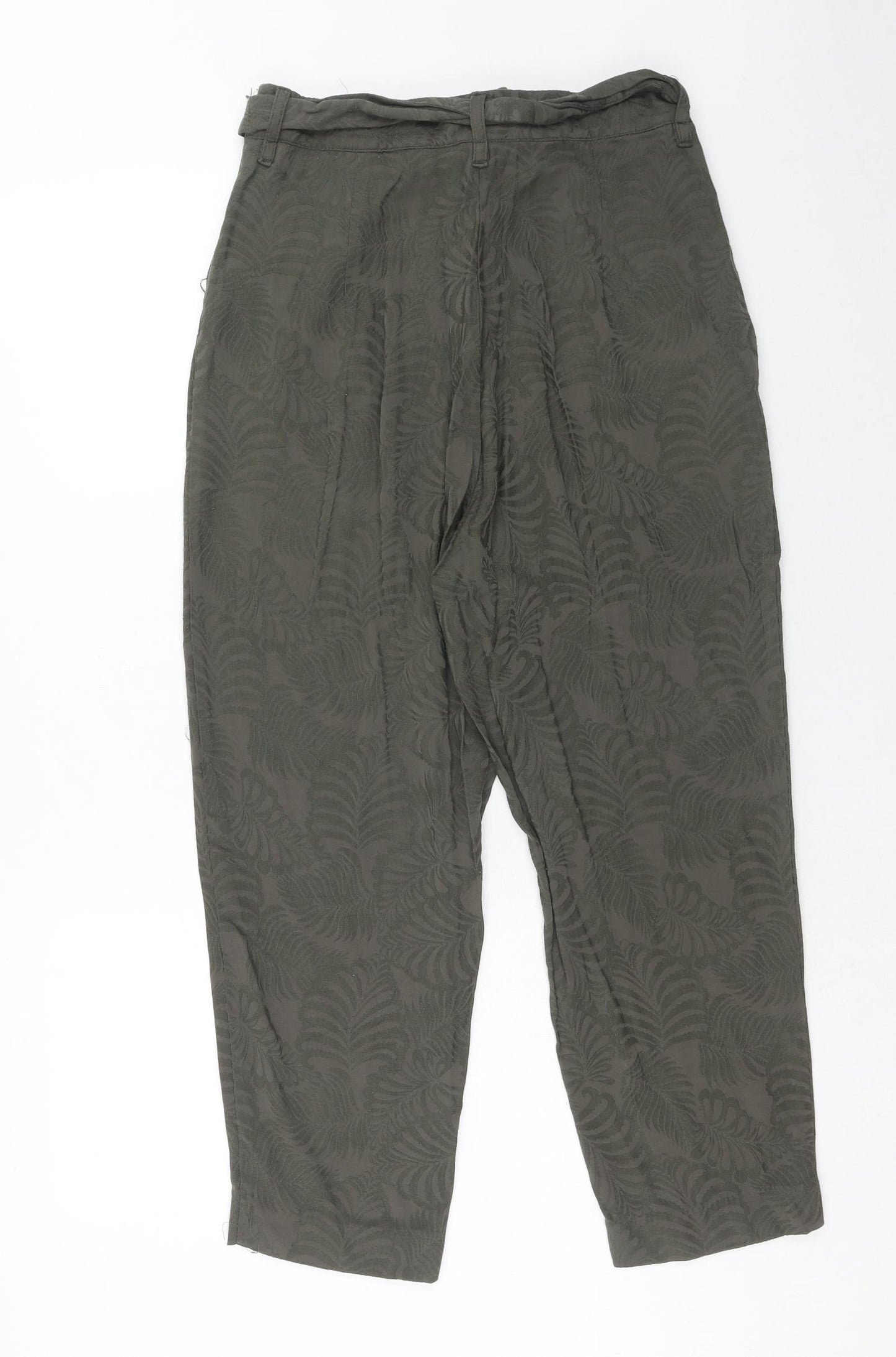 H&M Womens Green Geometric Viscose Trousers Size 12 Regular Zip - Leaf Print
