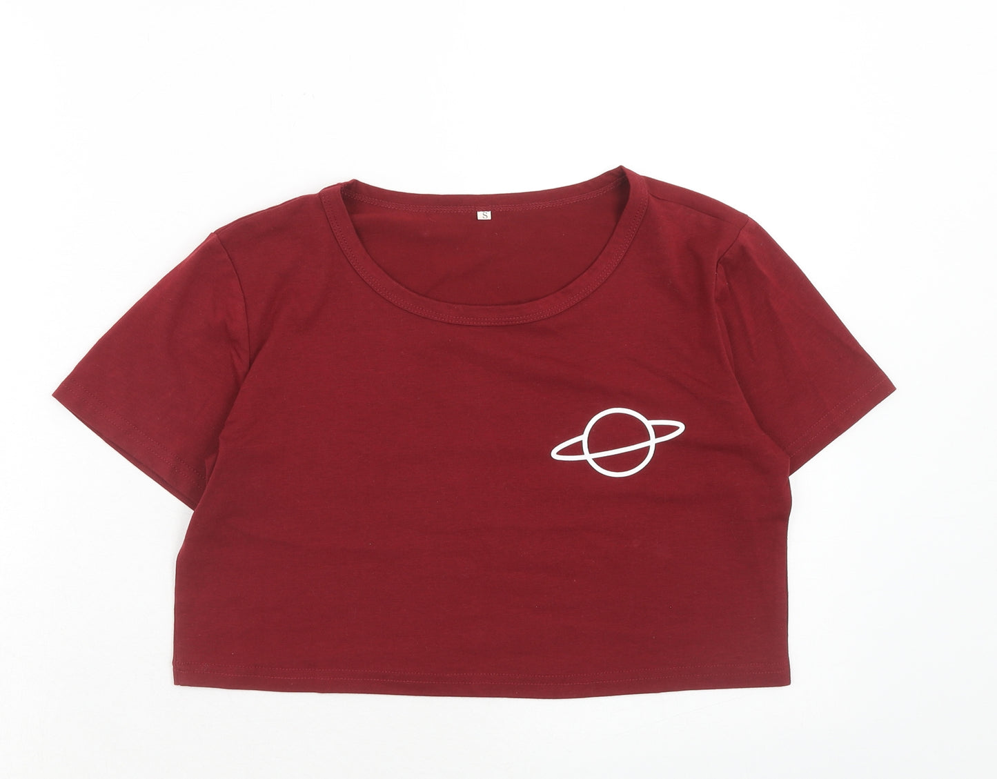 Preworn Womens Red Polyester Basic T-Shirt Size S Scoop Neck - Saturn Planet