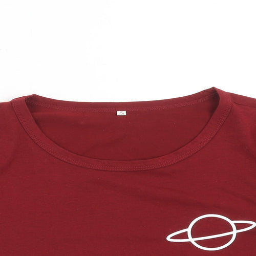 Preworn Womens Red Polyester Basic T-Shirt Size S Scoop Neck - Saturn Planet