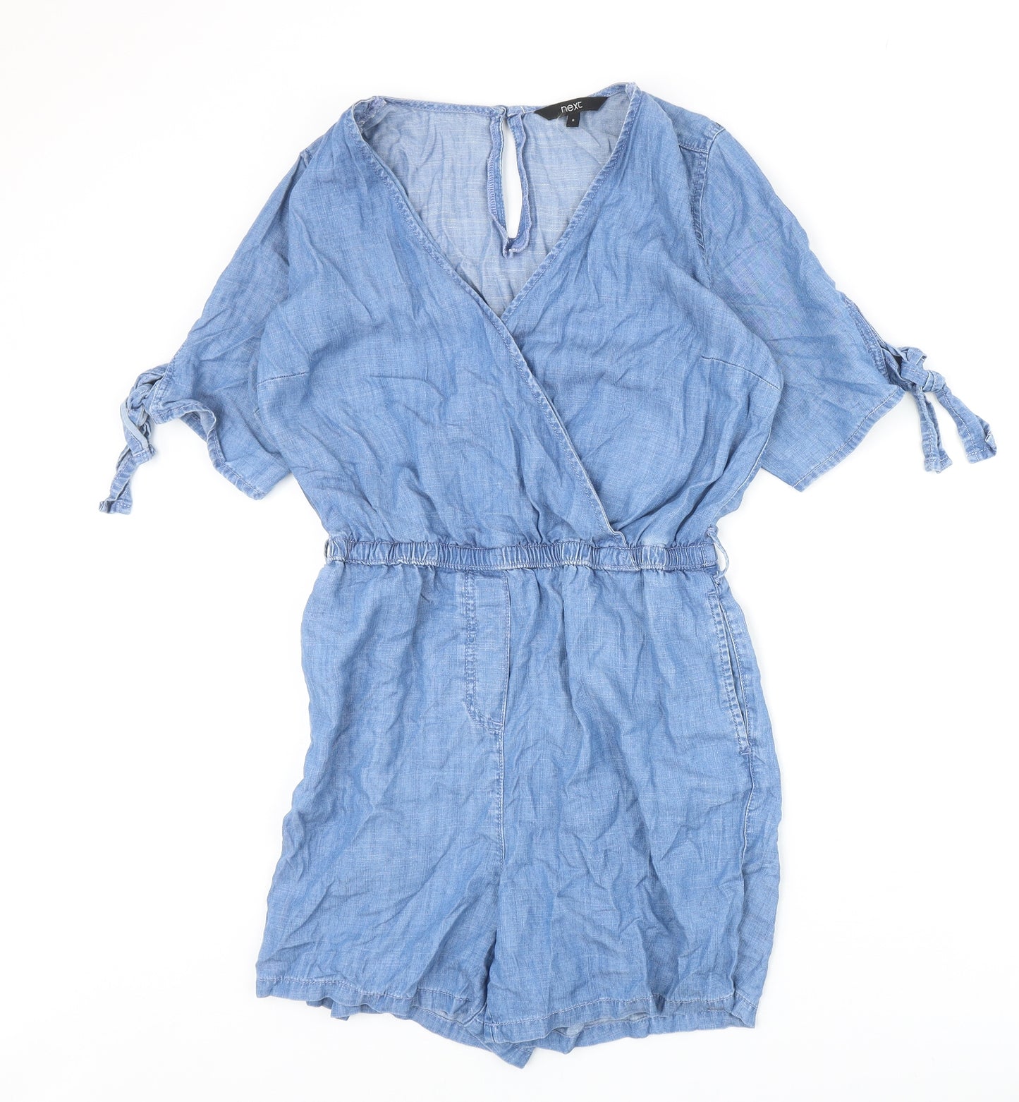NEXT Womens Blue Lyocell Playsuit One-Piece Size 8 Button - Sleeve Tie Detail