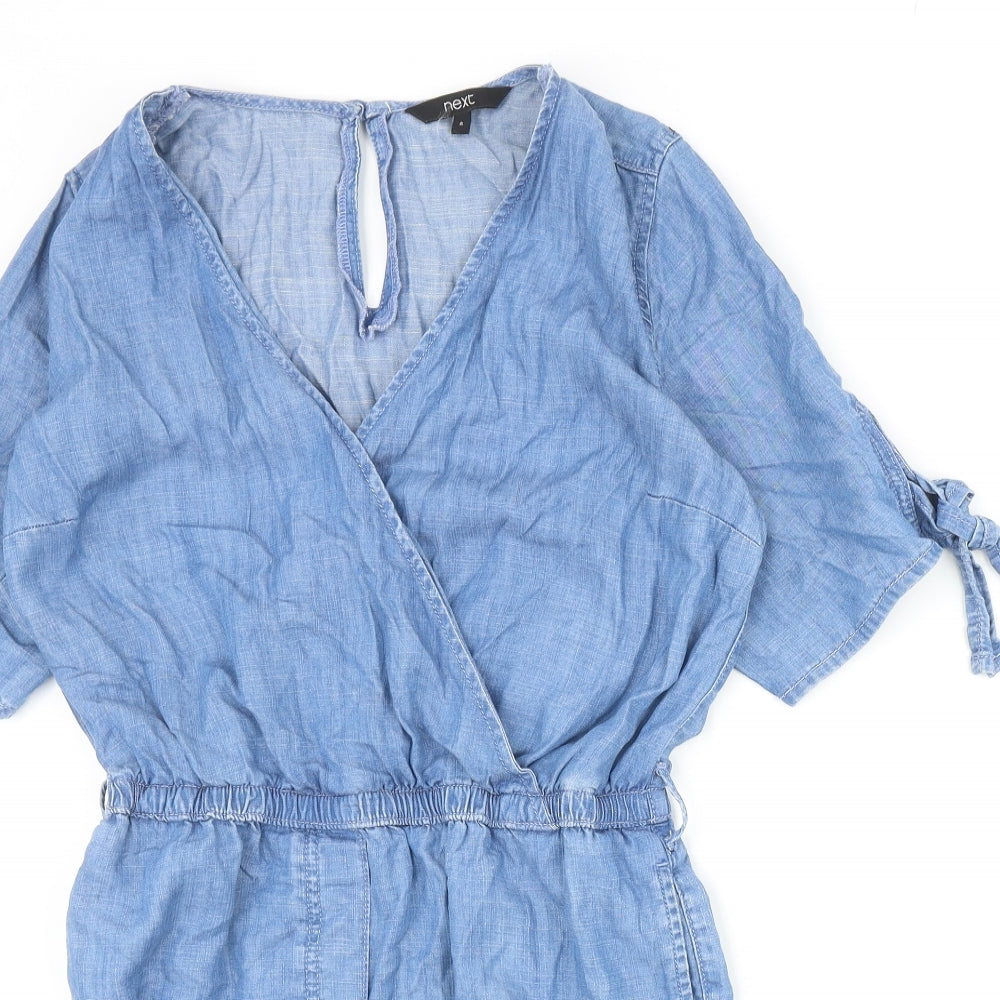 NEXT Womens Blue Lyocell Playsuit One-Piece Size 8 Button - Sleeve Tie Detail