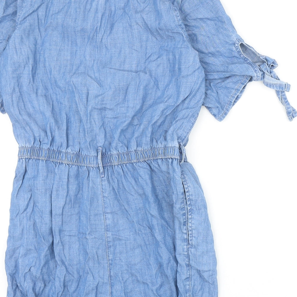 NEXT Womens Blue Lyocell Playsuit One-Piece Size 8 Button - Sleeve Tie Detail