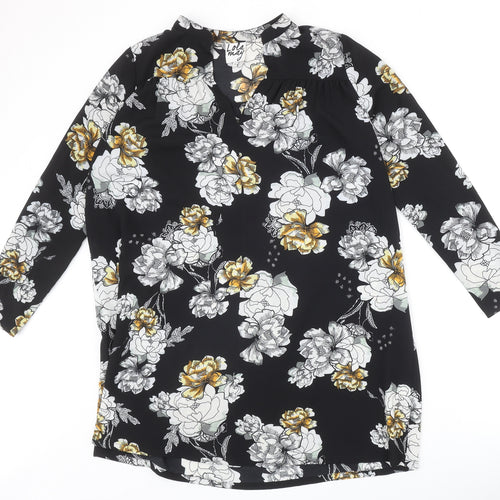 Lola May Womens Black Floral Polyester Basic Blouse Size 8 V-Neck - Flower Detail