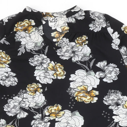 Lola May Womens Black Floral Polyester Basic Blouse Size 8 V-Neck - Flower Detail