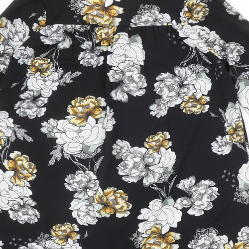 Lola May Womens Black Floral Polyester Basic Blouse Size 8 V-Neck - Flower Detail