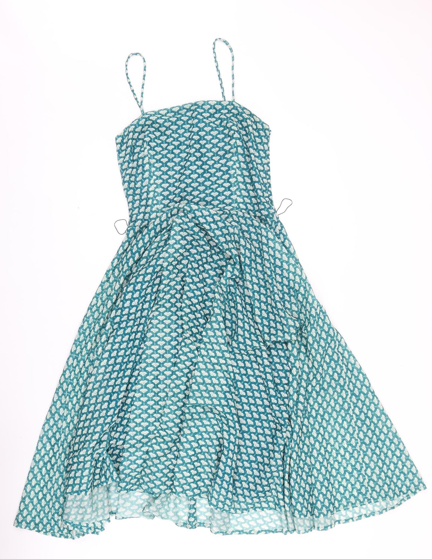 Kerena Womens Green Geometric Polyester Fit & Flare Size 14 Square Neck Zip