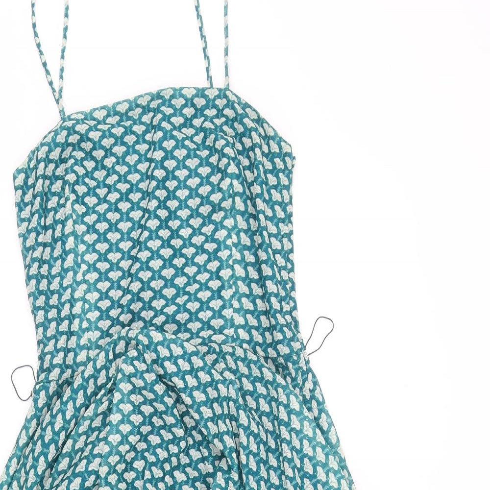 Kerena Womens Green Geometric Polyester Fit & Flare Size 14 Square Neck Zip