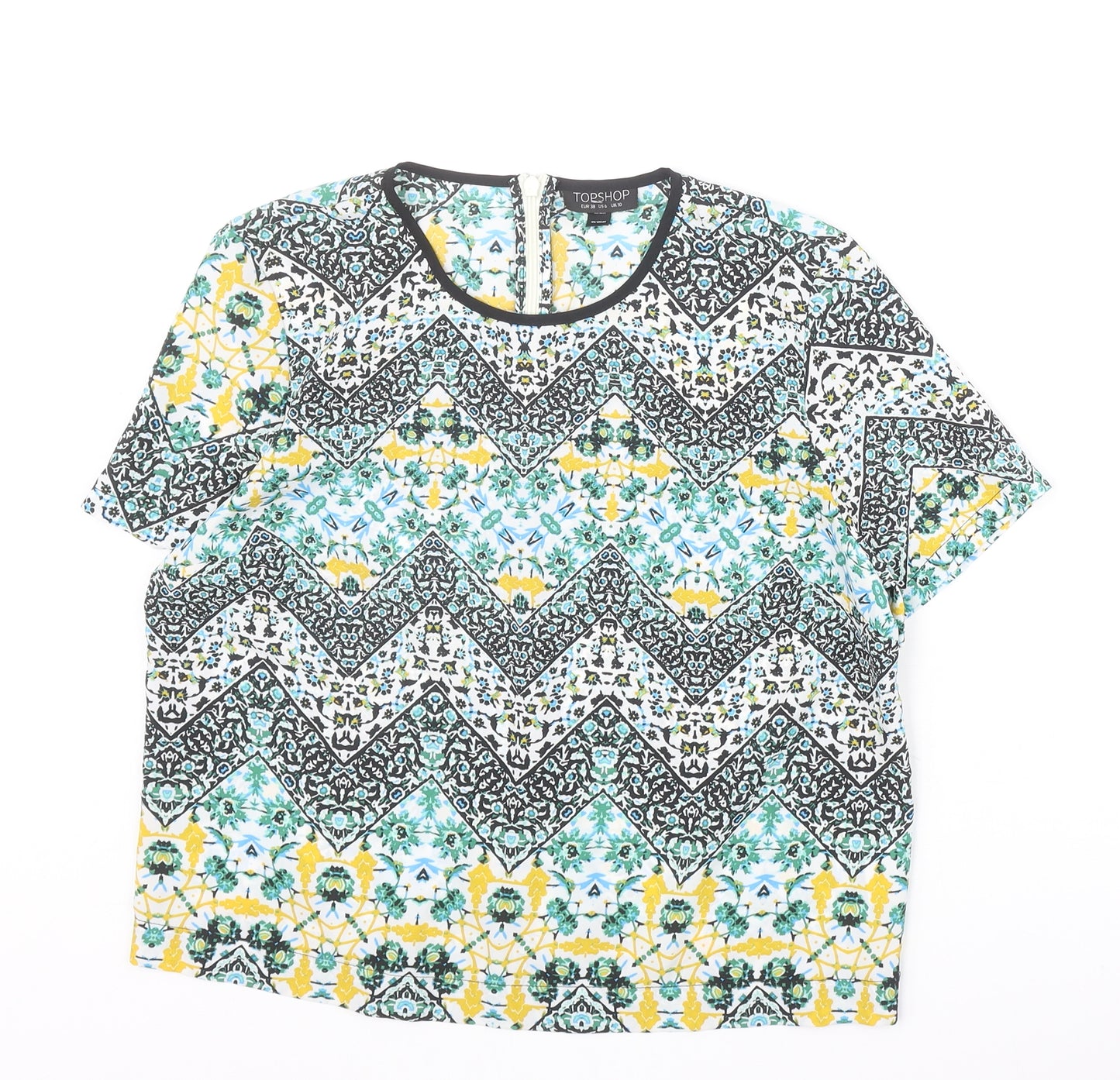 Topshop Womens Multicoloured Geometric Polyester Basic Blouse Size 10 Round Neck