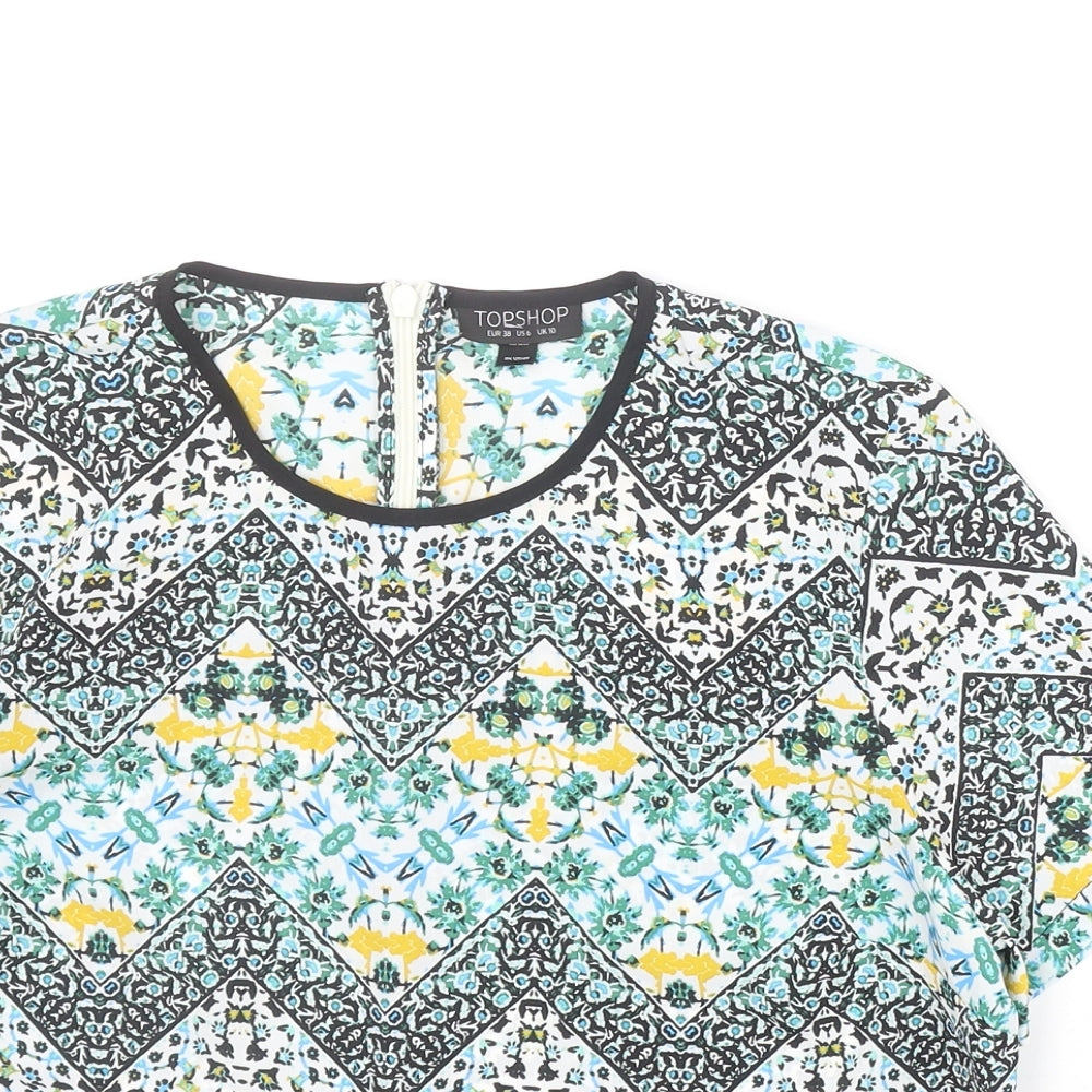 Topshop Womens Multicoloured Geometric Polyester Basic Blouse Size 10 Round Neck