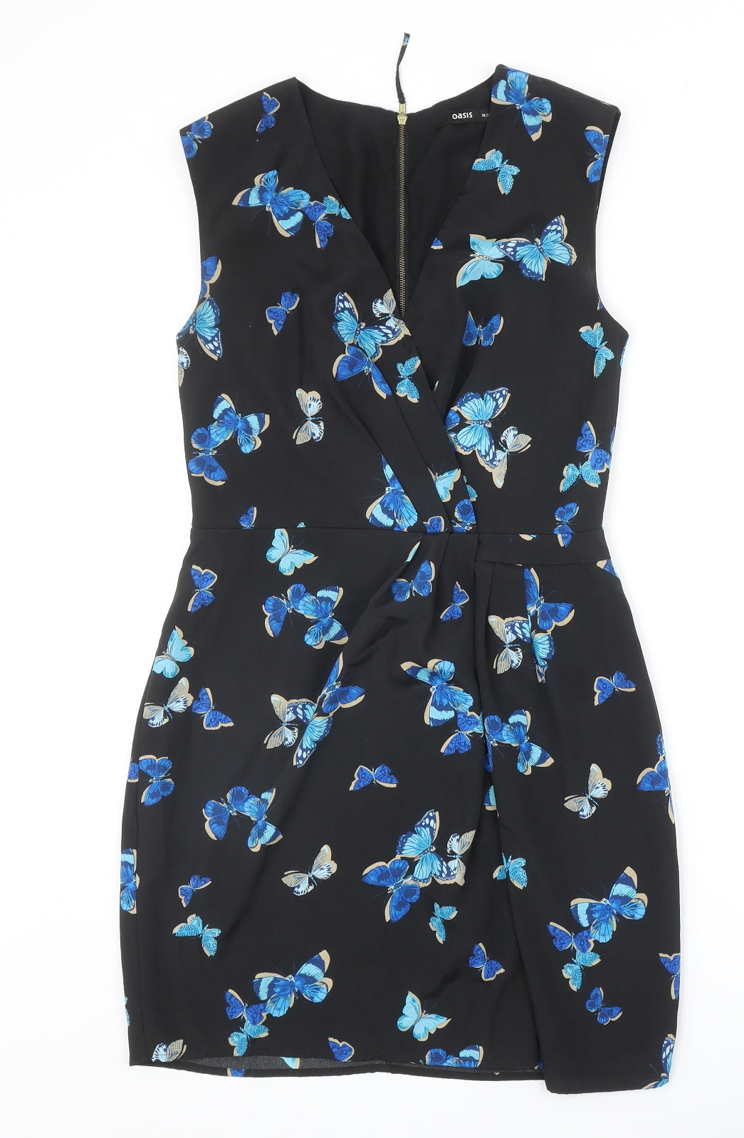 Oasis Womens Black Geometric Polyester A-Line Size 10 V-Neck Zip - Butterfly Pattern