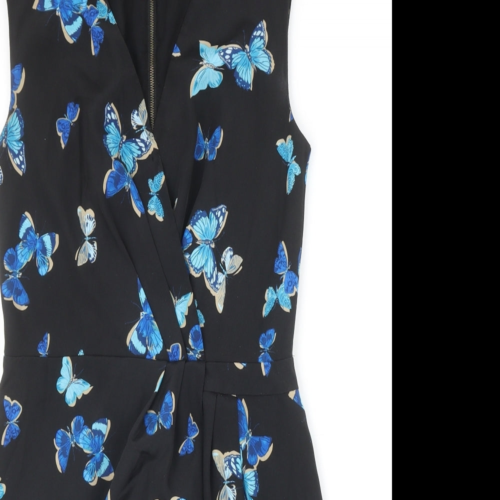 Oasis Womens Black Geometric Polyester A-Line Size 10 V-Neck Zip - Butterfly Pattern