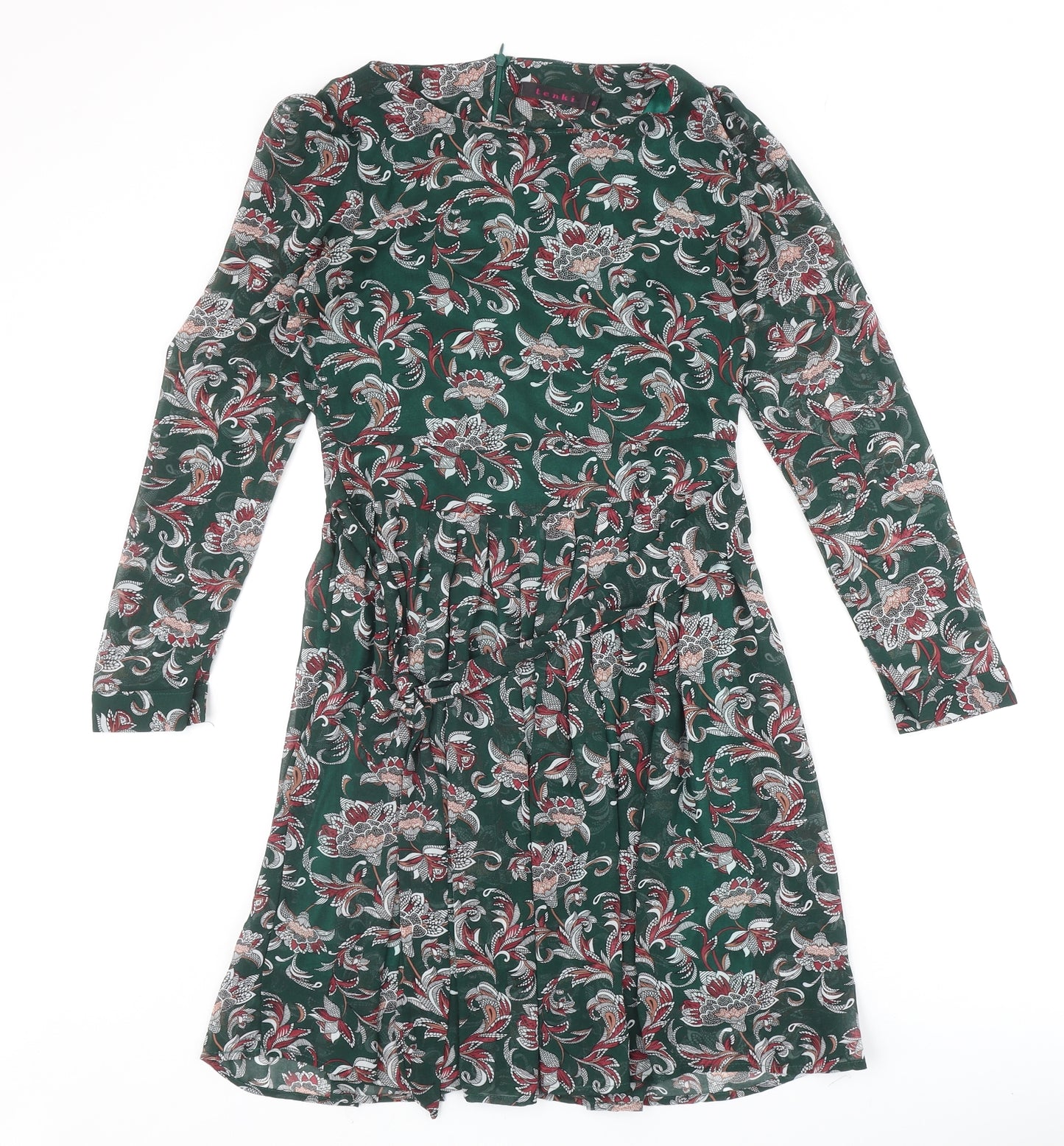 Tenki Womens Green Floral Polyester A-Line Size 8 Boat Neck Zip