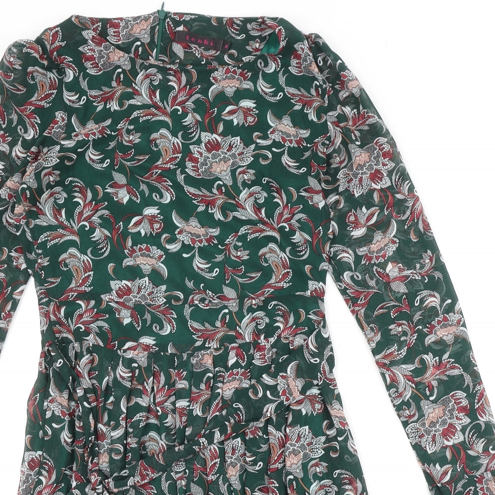 Tenki Womens Green Floral Polyester A-Line Size 8 Boat Neck Zip