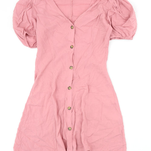 Divided Womens Pink Viscose A-Line Size 6 V-Neck Button - Puff Sleeve