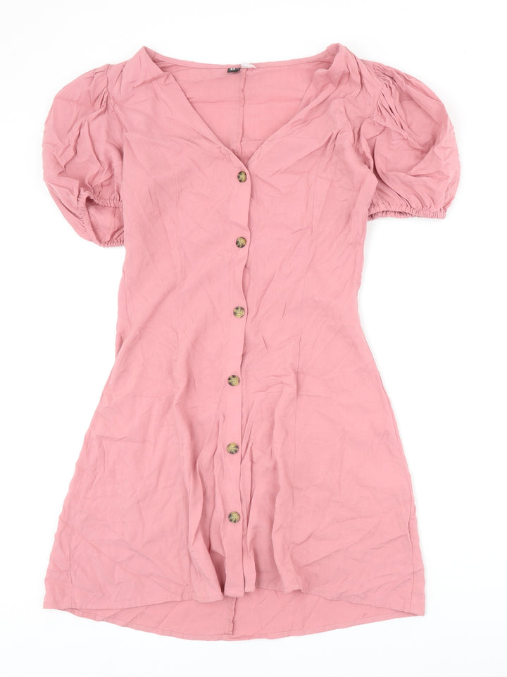Divided Womens Pink Viscose A-Line Size 6 V-Neck Button - Puff Sleeve
