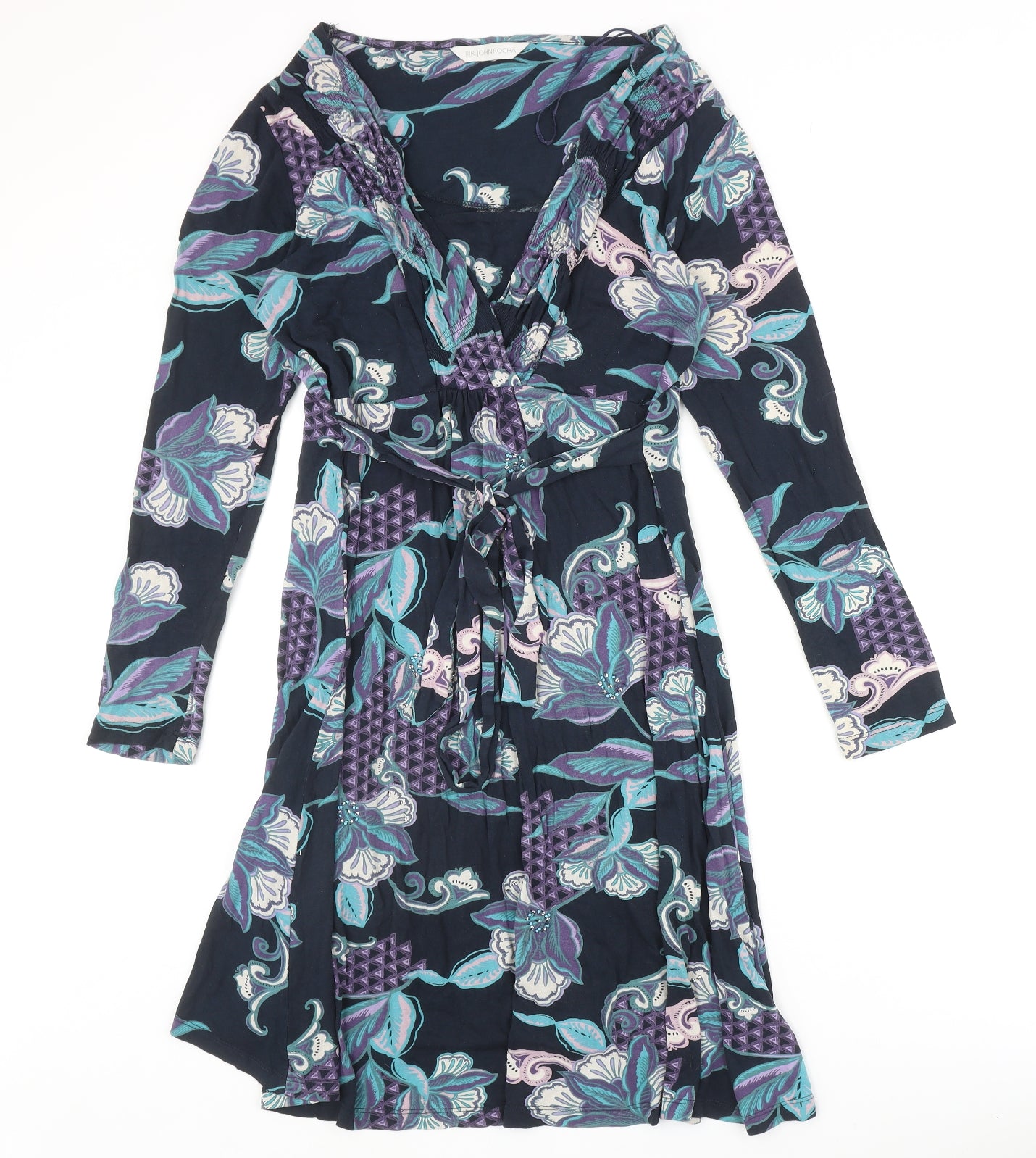 John Rocha Womens Blue Floral Viscose A-Line Size 12 V-Neck Pullover