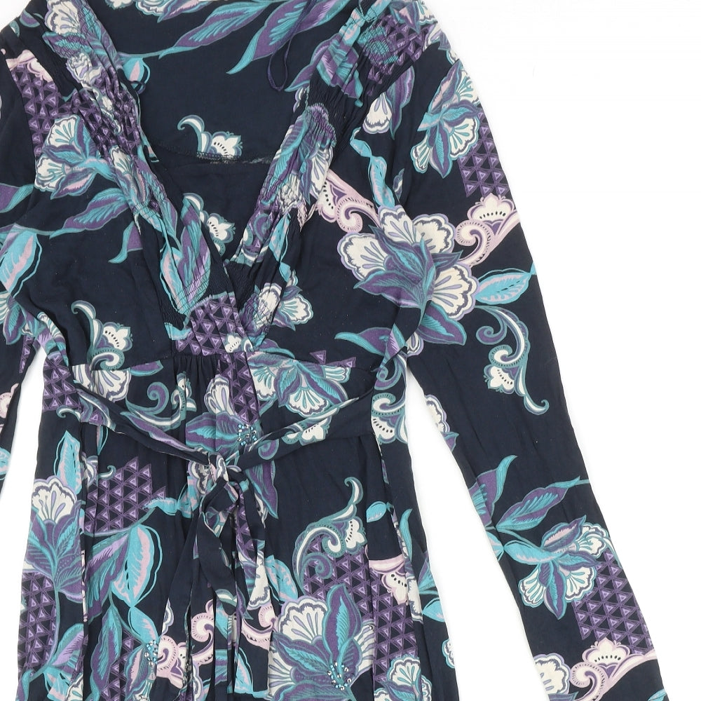 John Rocha Womens Blue Floral Viscose A-Line Size 12 V-Neck Pullover