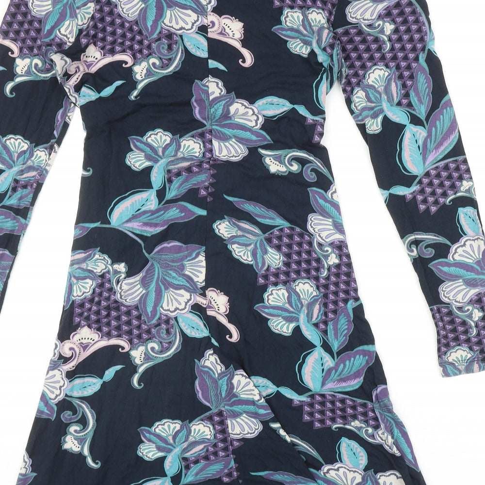 John Rocha Womens Blue Floral Viscose A-Line Size 12 V-Neck Pullover