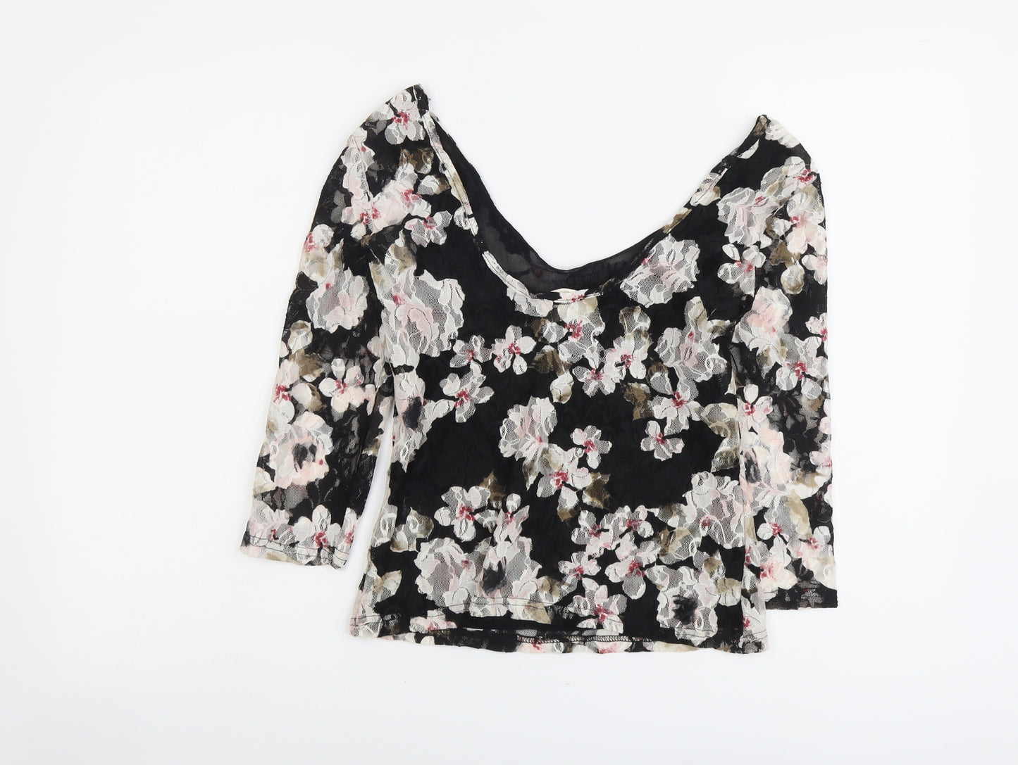 Pins & Needles Womens Black Floral Polyester Cropped Blouse Size S Scoop Neck