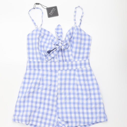 Zaful Womens Blue Check Polyester Playsuit One-Piece Size S Zip - Gingham