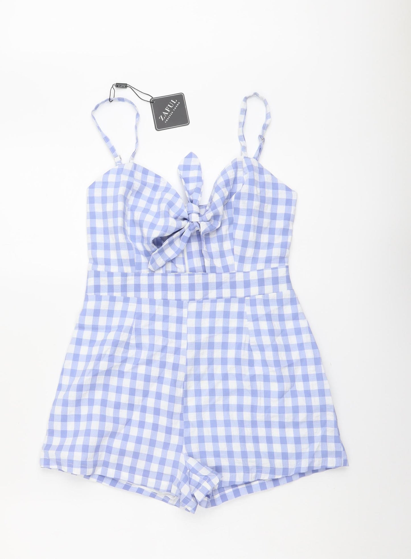 Zaful Womens Blue Check Polyester Playsuit One-Piece Size S Zip - Gingham