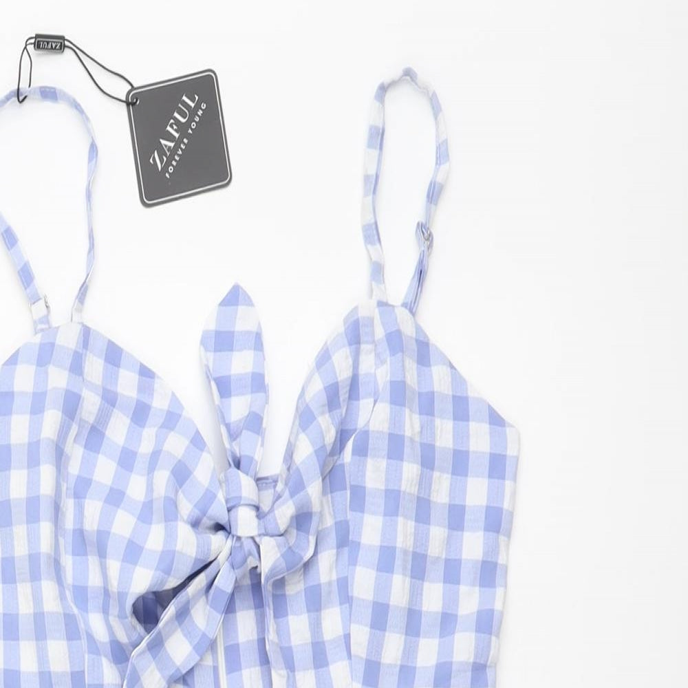 Zaful Womens Blue Check Polyester Playsuit One-Piece Size S Zip - Gingham